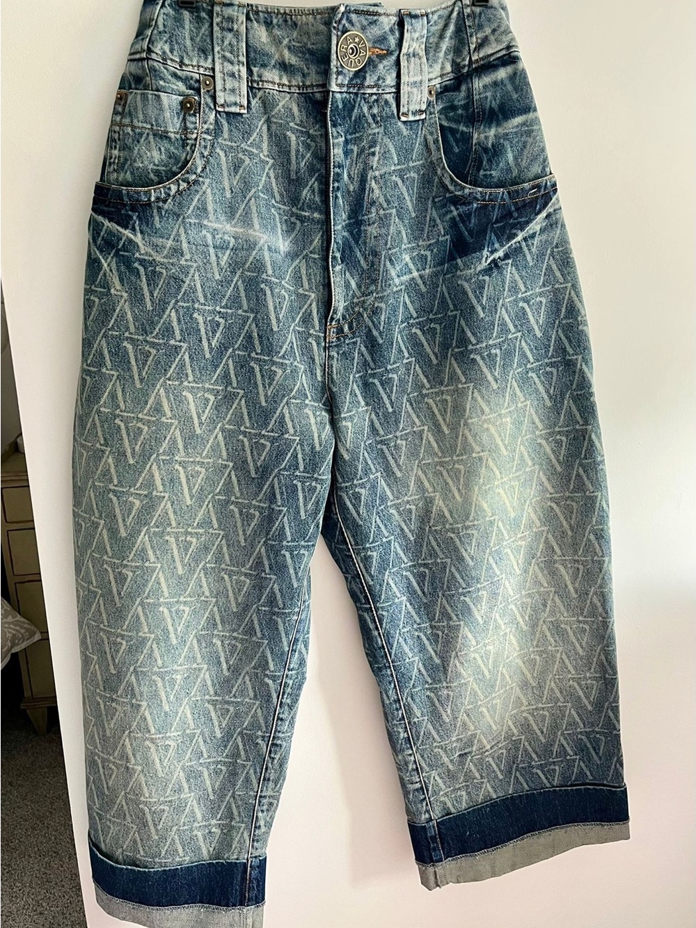 Ankle-Length Patterned Denim Jeans in Blue
